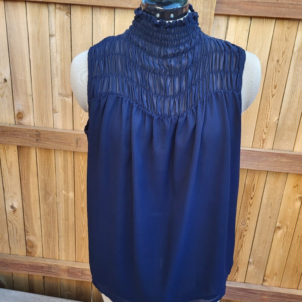 Vince Camuto women's black sleeveless smocked sheer mock neckline top size Small